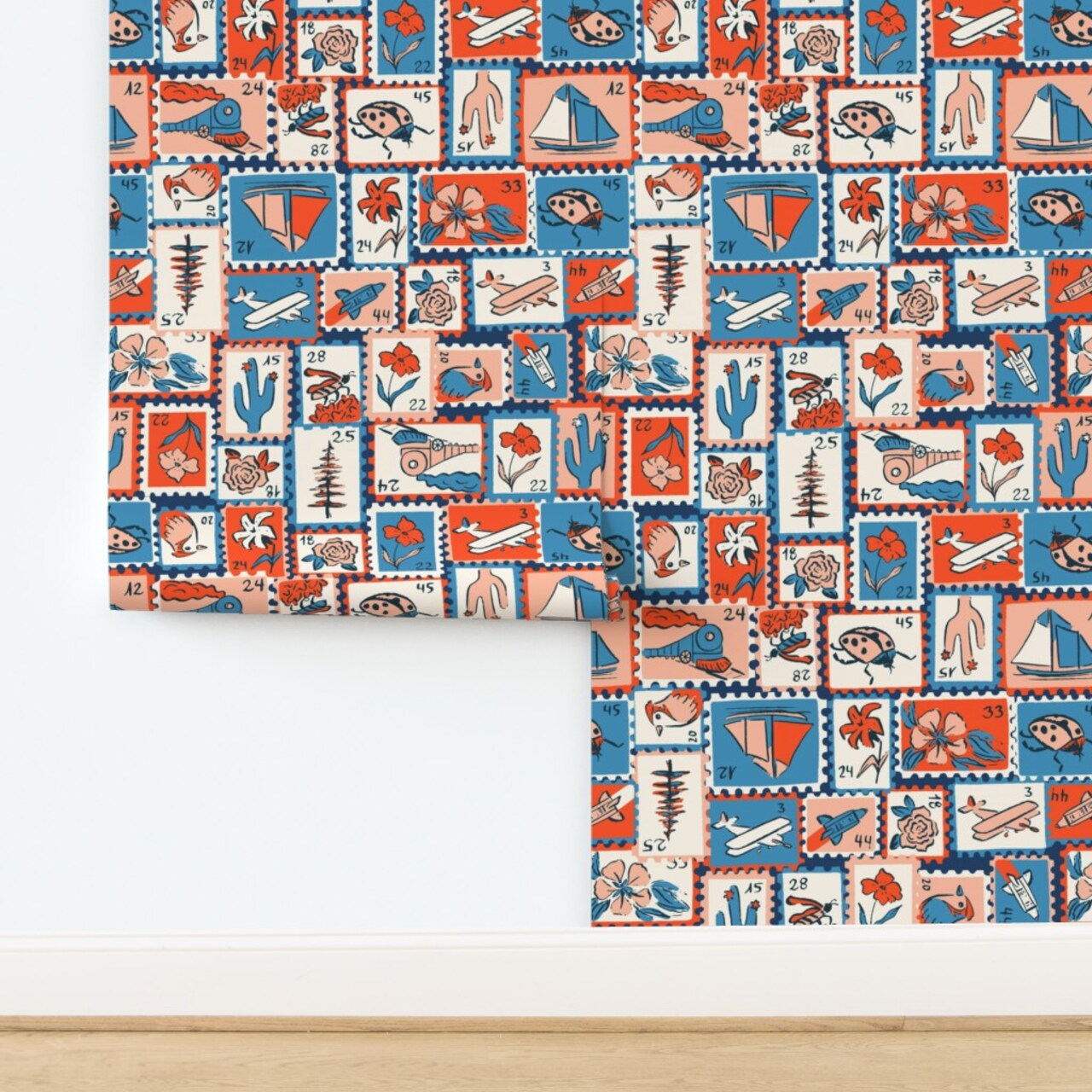 Vintage Retro Novelty Mail Stamps Letters Postage Eclectic Stamp Collection Red And Blue Writing Flowers Train Plane Birds Boats Unique Custom Removable Wallpaper by Spoonflower Peel & Stick Wallpaper 2FT Wide